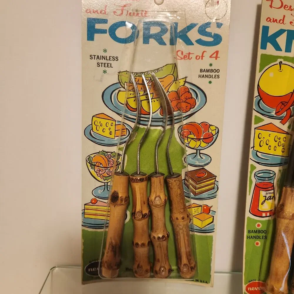 Vintage MCM Nevco 1965 NIP Dessert & Fruit Bamboo Forks & Knives